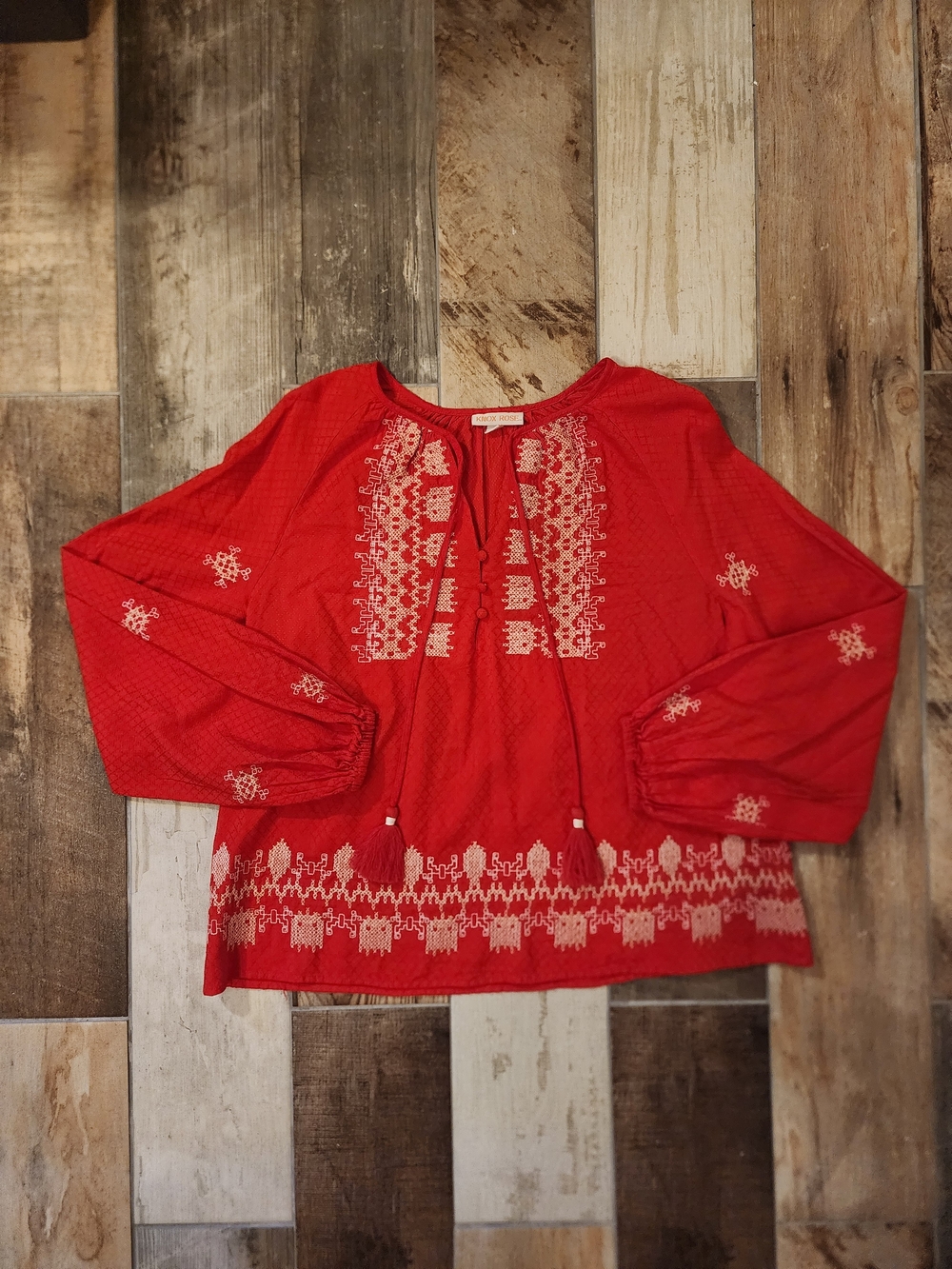 Knox Rose Red Tassel Tie Embroidered Top